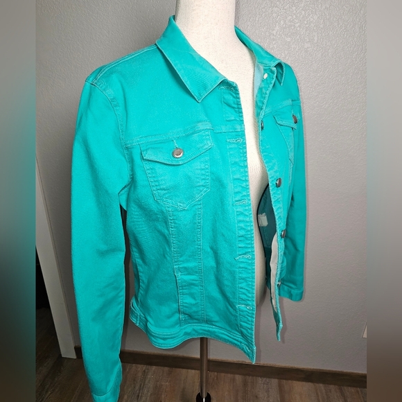 Tribal Jeans Teal Stretchy Jean Jacket Brushed Silver Buttons - Picture 3 of 11